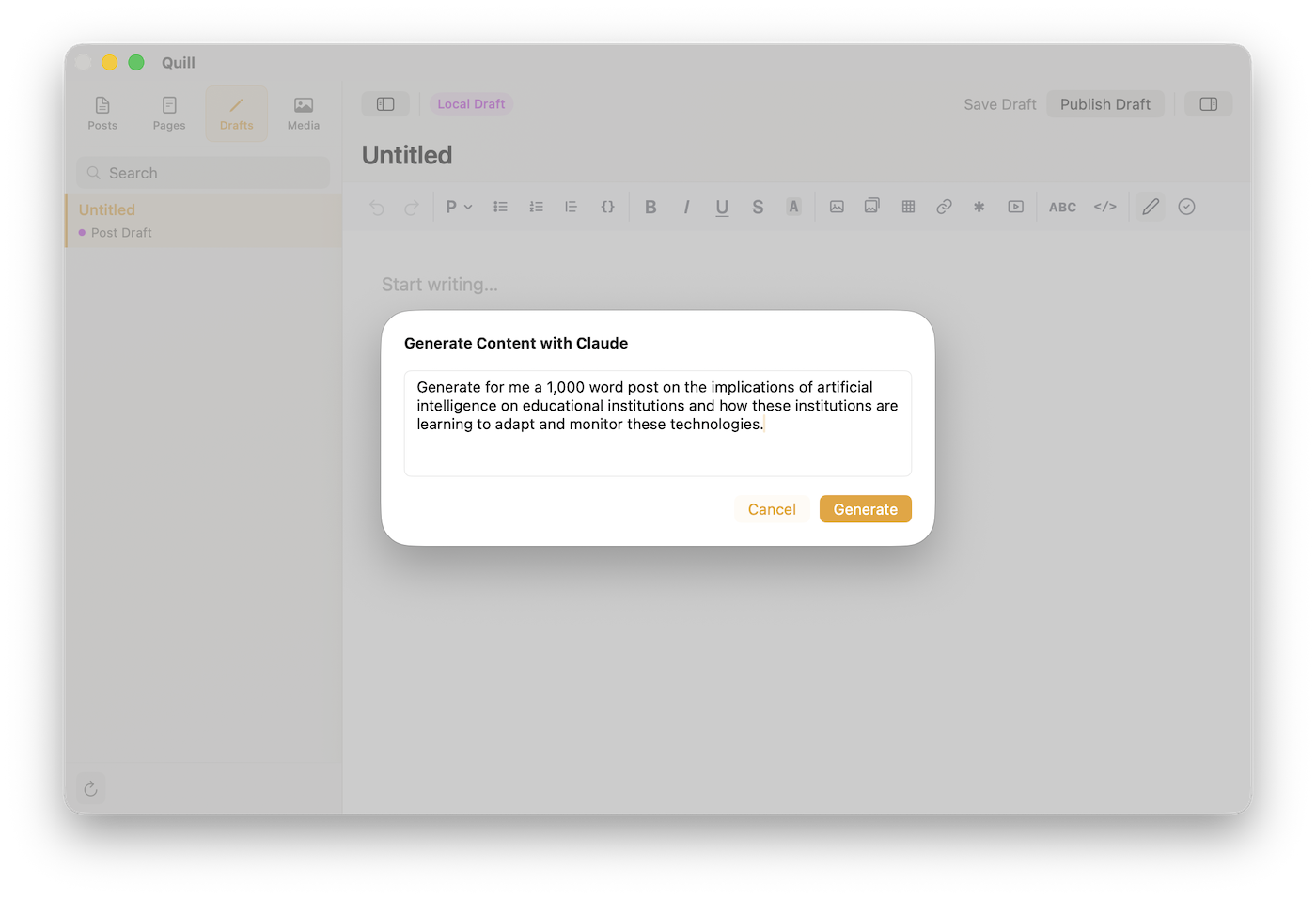Quill showing the Generate Post with Claude dialog