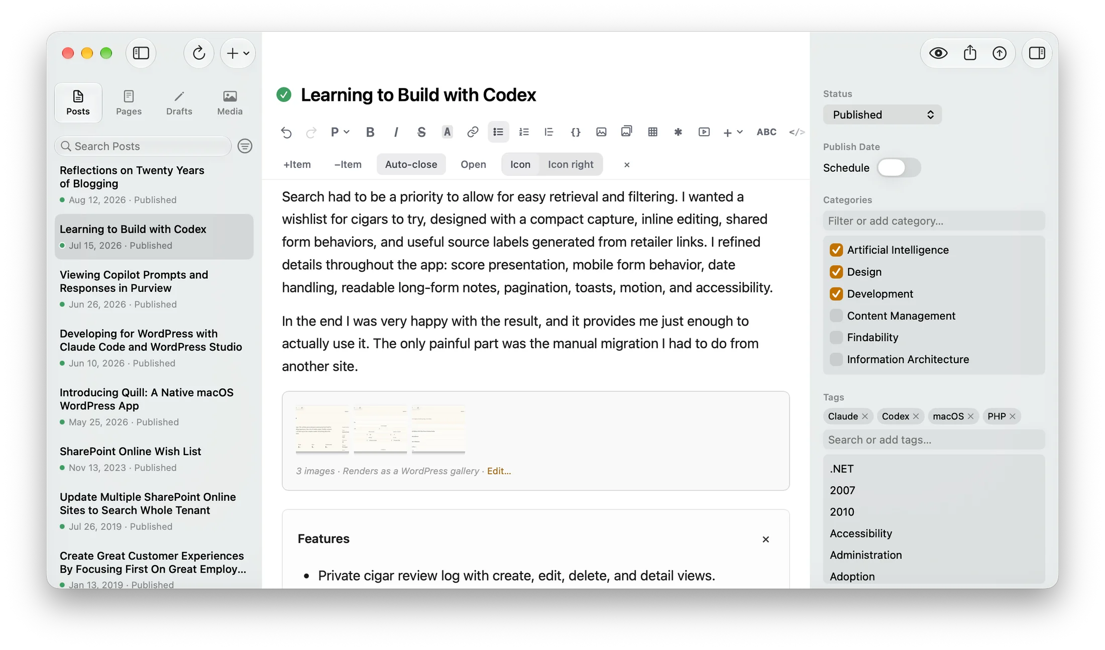 Quill editing an Accordion block, with the block's settings row under the toolbar