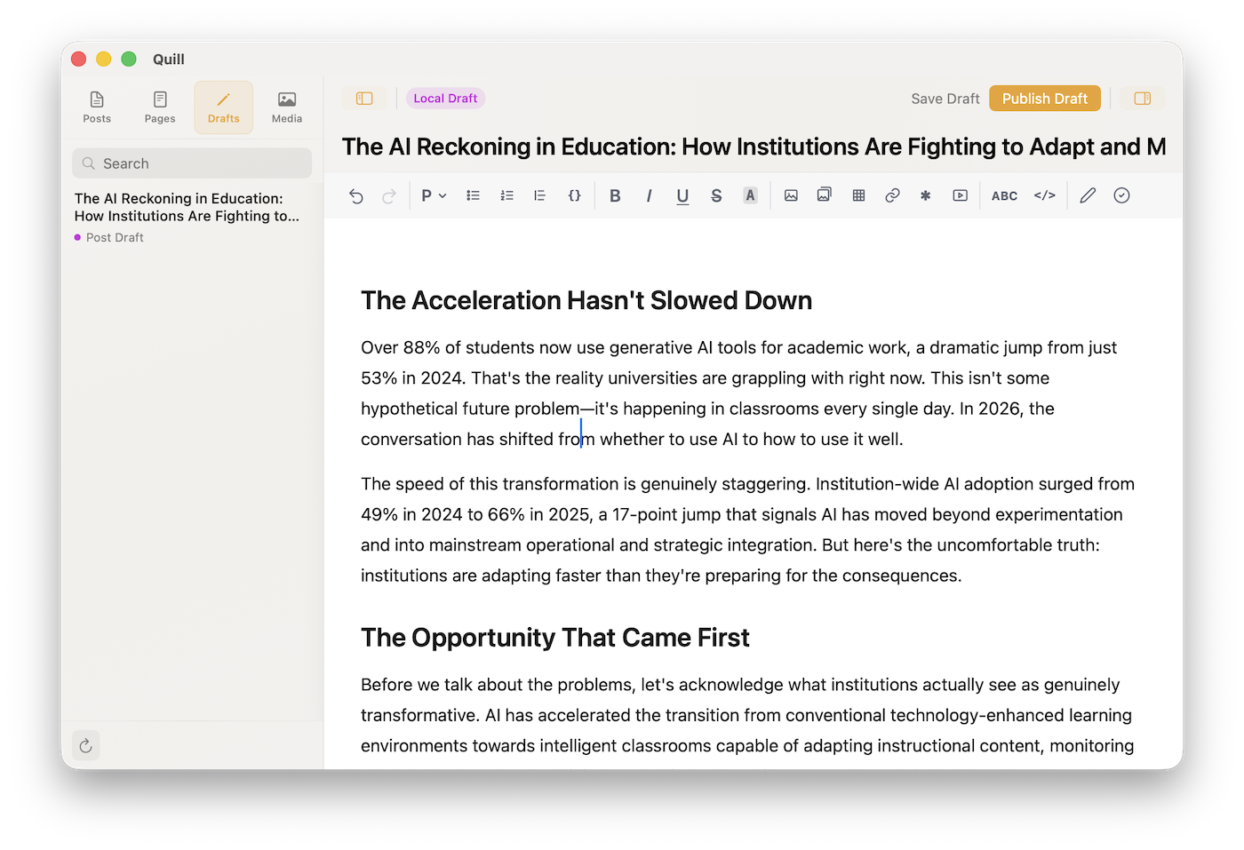 Quill showing a local draft with the Publish Draft button in the toolbar