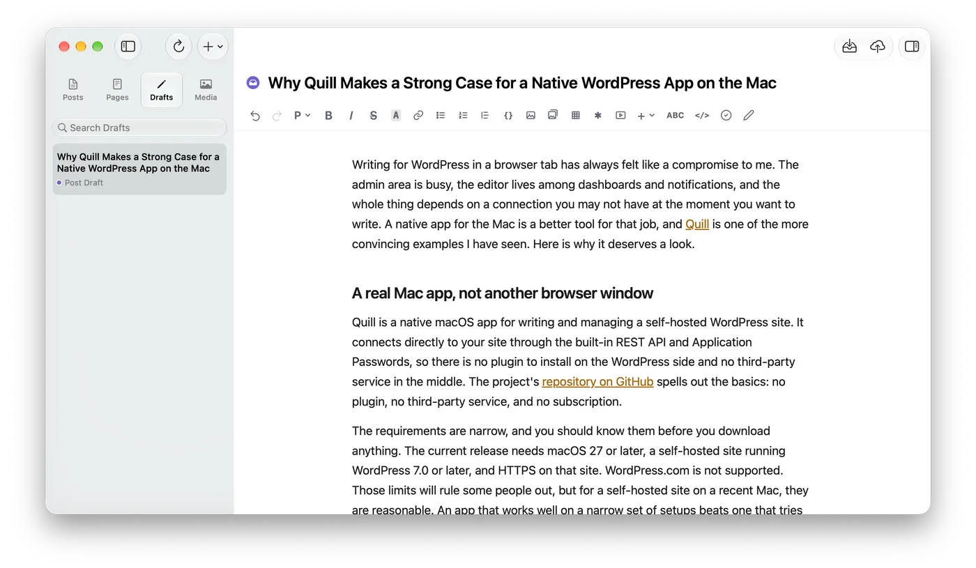 Quill showing a local draft with the Save to WordPress button in the toolbar