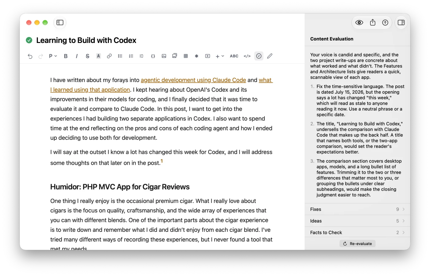 Quill's Evaluate panel reviewing a post