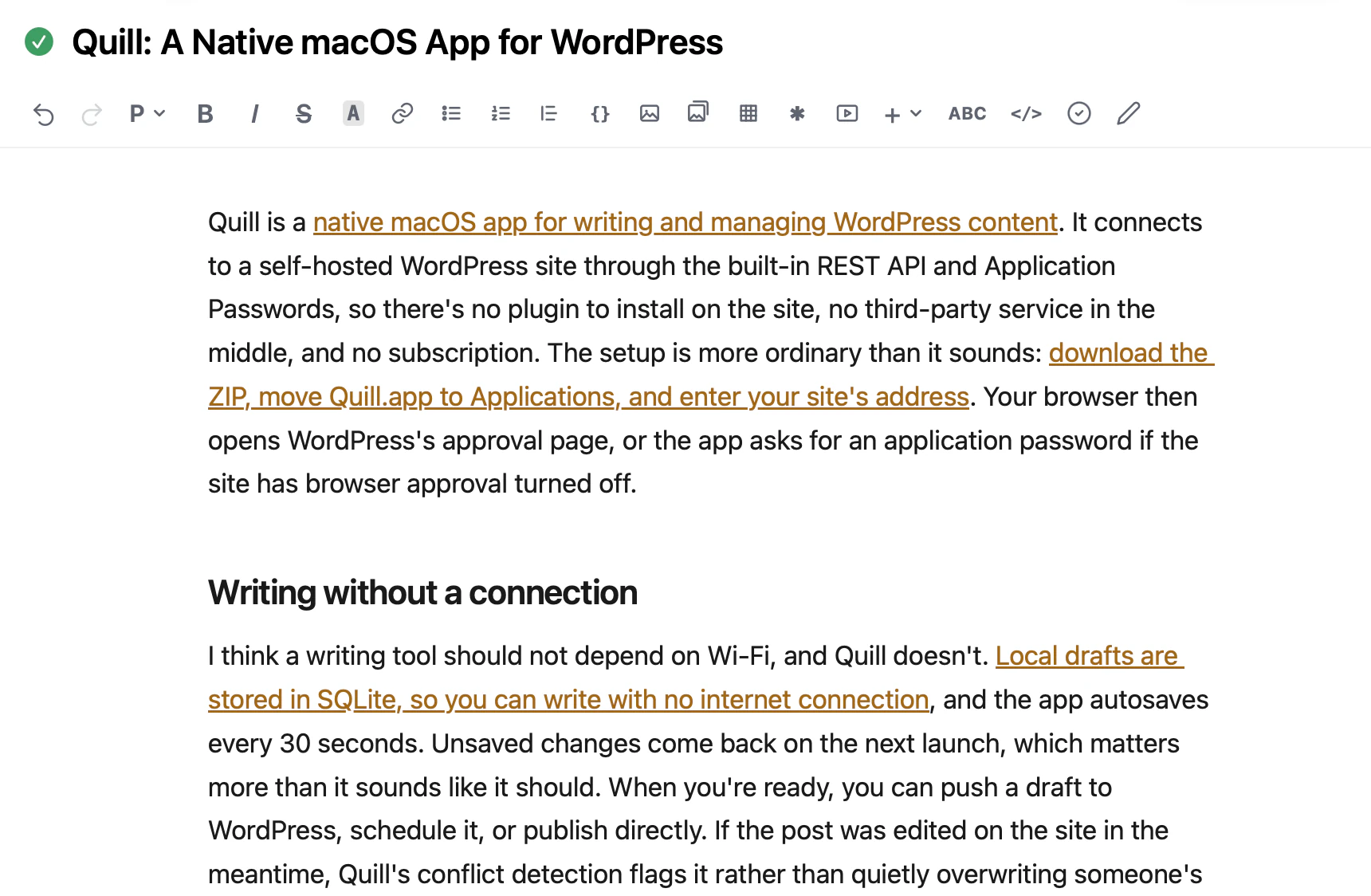 Quill's editor showing a post's title, the formatting toolbar and body text