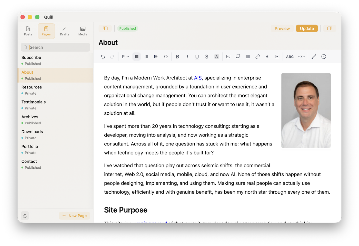 Quill page editor showing rich text formatting toolbar and page settings panel