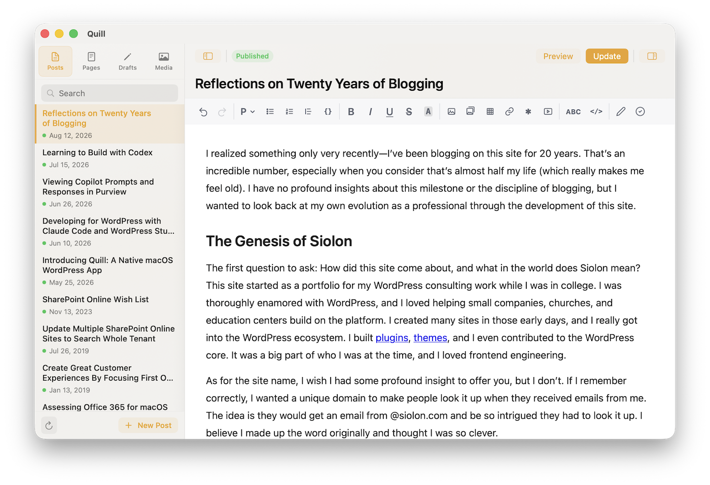 Quill app showing the post editor with rich text and settings panel